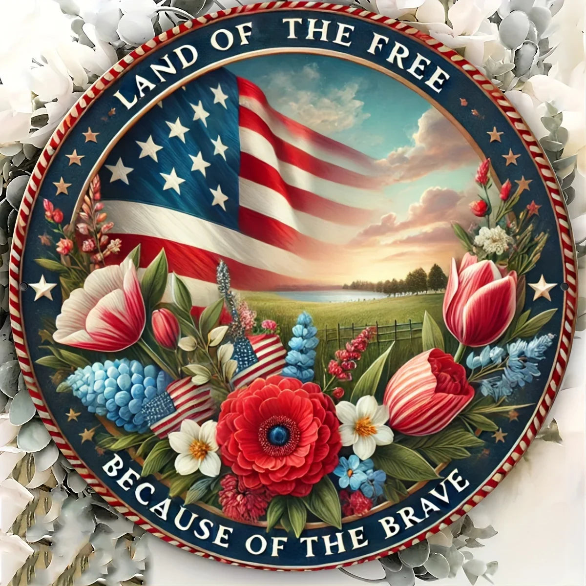 Patriotic Aluminum Foil Engraved Sign - Freedom Land Metal Wreath Door Decor, Round Plaque for Home Decor