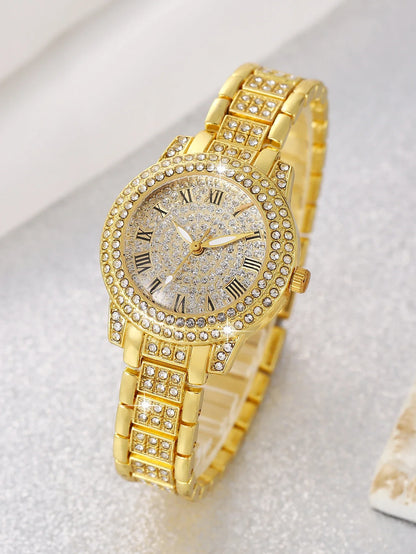Ladies round Shell Embedded Quartz Watch Set with Floral Bracelet Necklace Ring Bracelet Earring - Festive Gift