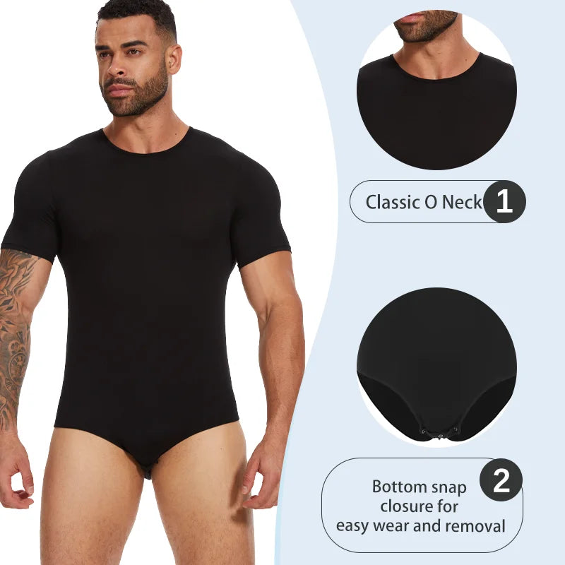 Mens Round Neck Bodysuit Short Sleeve Jumpsuit Press Crotch Underwear Adult Leotard for Shapewear Compression Romper Undershirt
