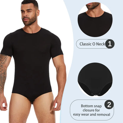 Mens Round Neck Bodysuit Short Sleeve Jumpsuit Press Crotch Underwear Adult Leotard for Shapewear Compression Romper Undershirt