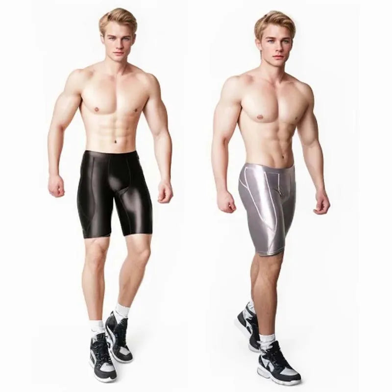 AMORESY Men's Sexy Smooth Shiny Medium Waist Sportswear Elastic Tights Silk Pants Running Sports Breathable Fitness Beach Shorts