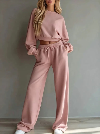 Autumn New Casual O Neck Long-Sleeved Ultra-Short Sweatshirt Trousers