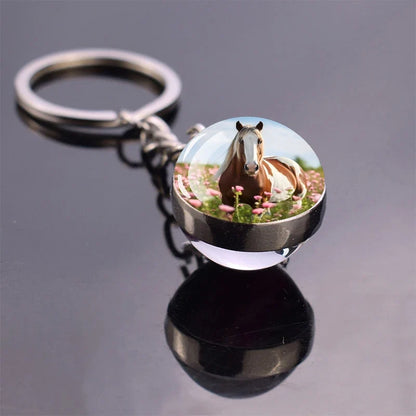 Horse Pattern Keychains White Brown Horse Racing Double Sided Glass Ball Pendant Key Chain Fashion Animal Jewelry Keyring Gift