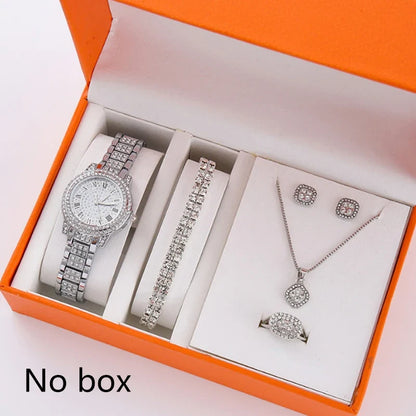 6Pcs/Set Women's Rhinestone Quartz Watch Set Fashion Wrist Watch & Jewelry Set Gift.▪