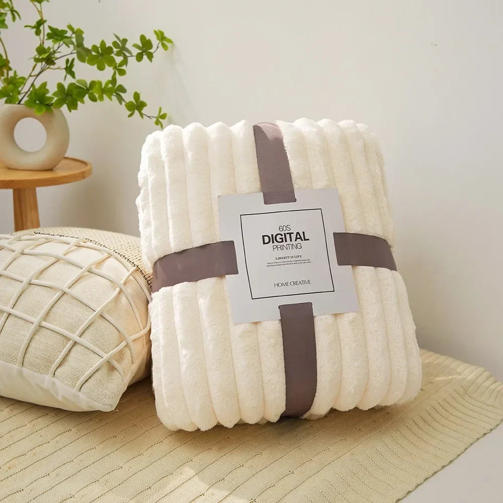 Ultra Soft Faux Rabbit Fur Throw Blanket Warm Plush Striped Blankets Conditioning Quilt Fluffy Throws for Couch Chair Sofa