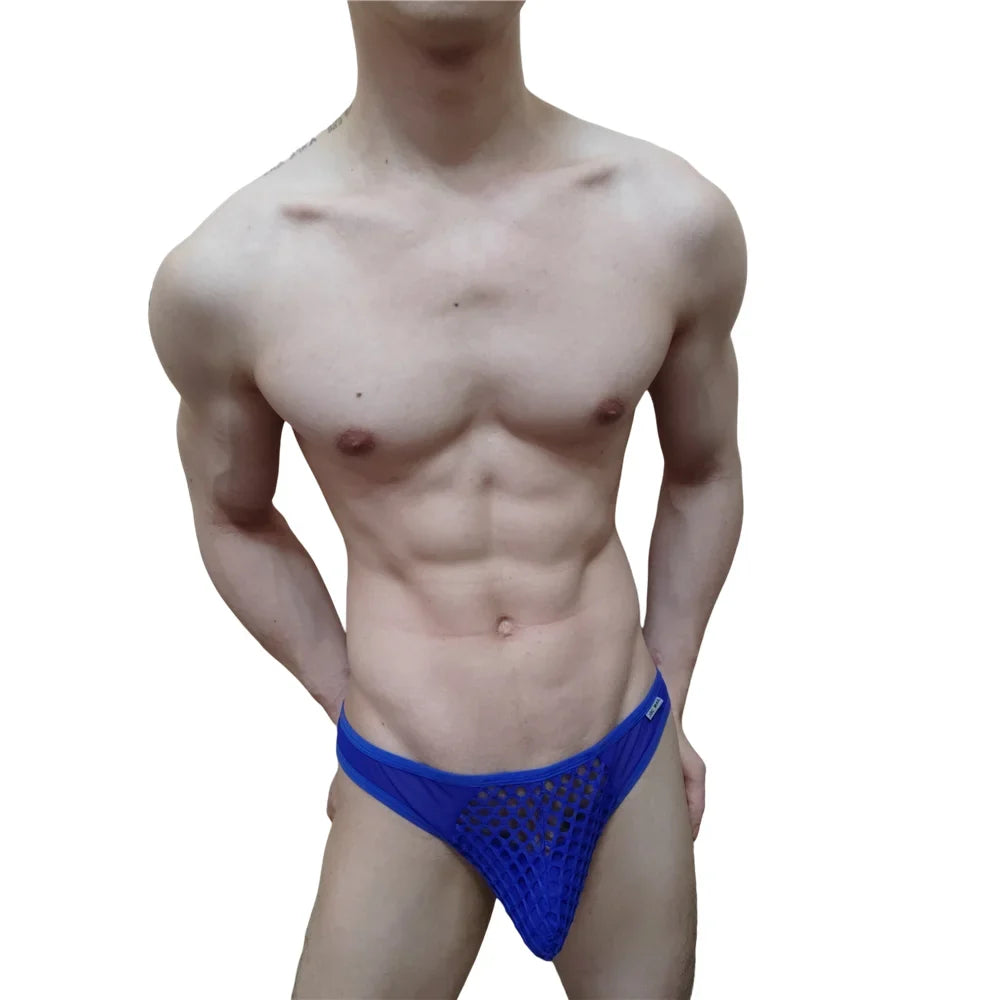 Mens Slip Bikini Jockstrap Briefs Mens Panties Sexy Fishnets Hole Transparent Mesh Ice Silk Men Underwear Sissy Men Underpants