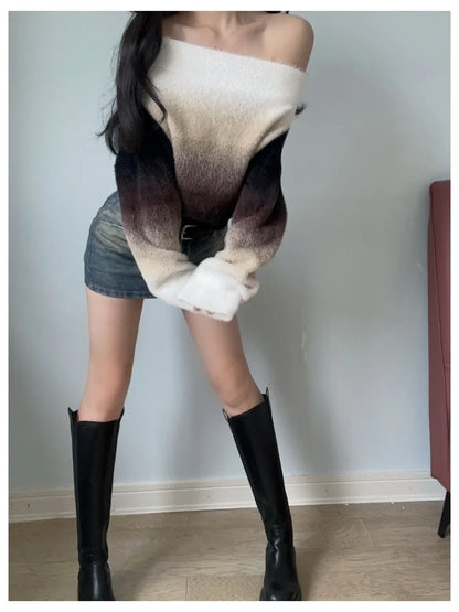 Women’s Retro Gradient Off-Shoulder Sweater