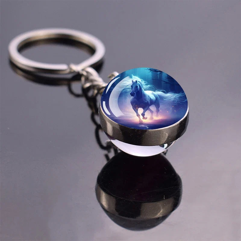 Horse Pattern Keychains White Brown Horse Racing Double Sided Glass Ball Pendant Key Chain Fashion Animal Jewelry Keyring Gift