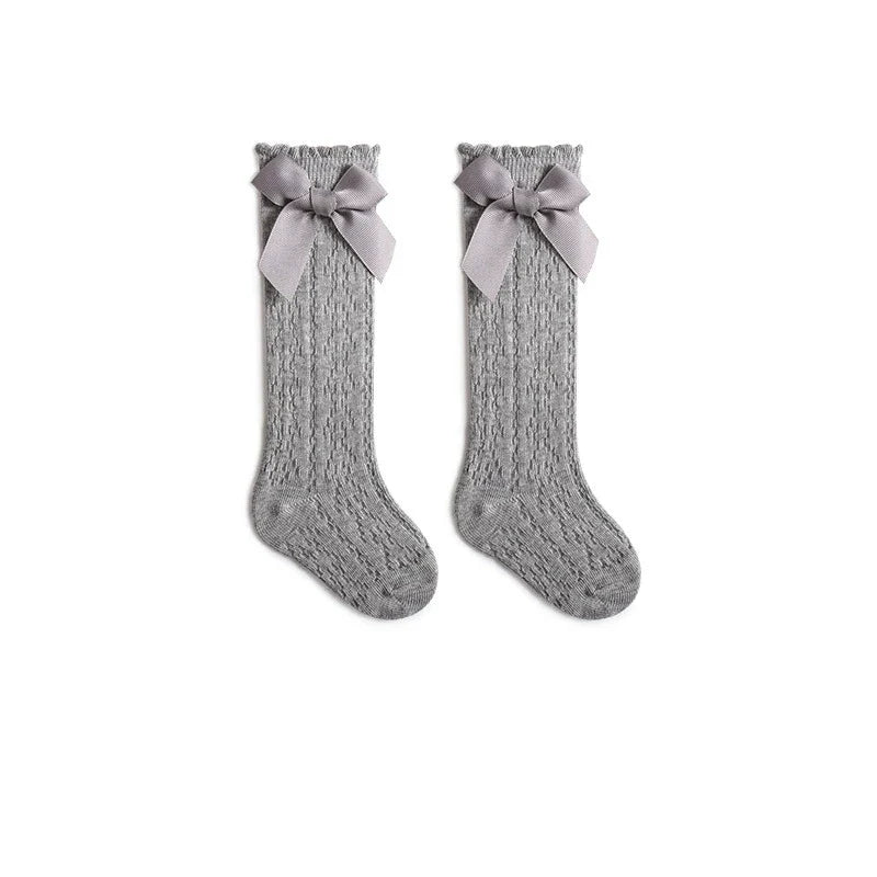 Summer Baby Girls Socks Toddler Bow Long Sock Kids Knee High Soft Cotton Mesh Stocking Spanish Style Hollow Out Lace Socks 0-3Y