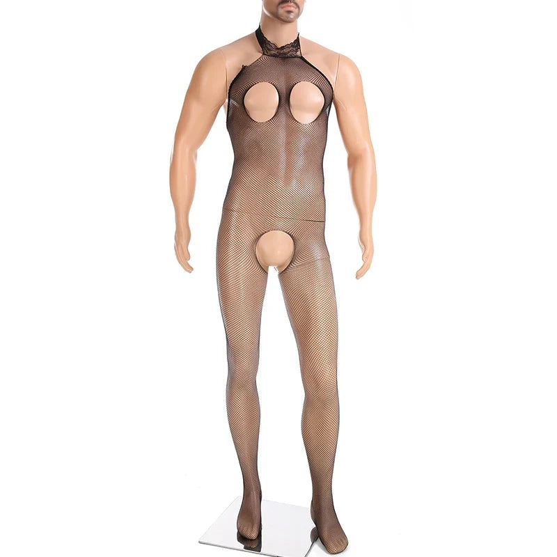Men Sexy Fishnets Crotchless Jumpsuits Stocking Erotic Lingerie Cutouts Open Bras See-Through Pantyhose Exposed Costume Catsuits