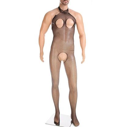 Men Sexy Fishnets Crotchless Jumpsuits Stocking Erotic Lingerie Cutouts Open Bras See-Through Pantyhose Exposed Costume Catsuits