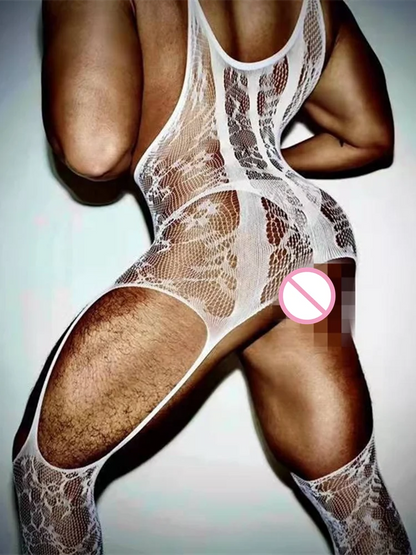 New Sexy Halter Men Fishnet Bodystockings Women Erotic Lingerie Open Crotch White Crotchless Teddies Bodysuit Underwear Costumes