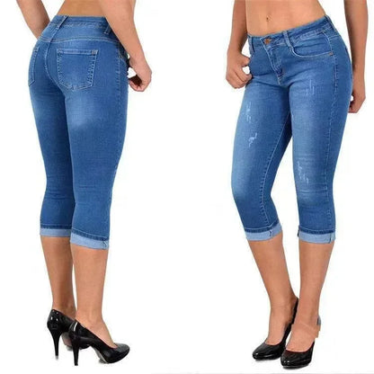 Summer Women's Skinny Denim Pants Mid Waist Stretch Capri Pants Knee