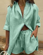 Fashion Solid Shirt Home Suits Casual Short Sleeve Tops + Drawstring Shorts Two Piece Set 2024 Summer Women Button Loose Outfit