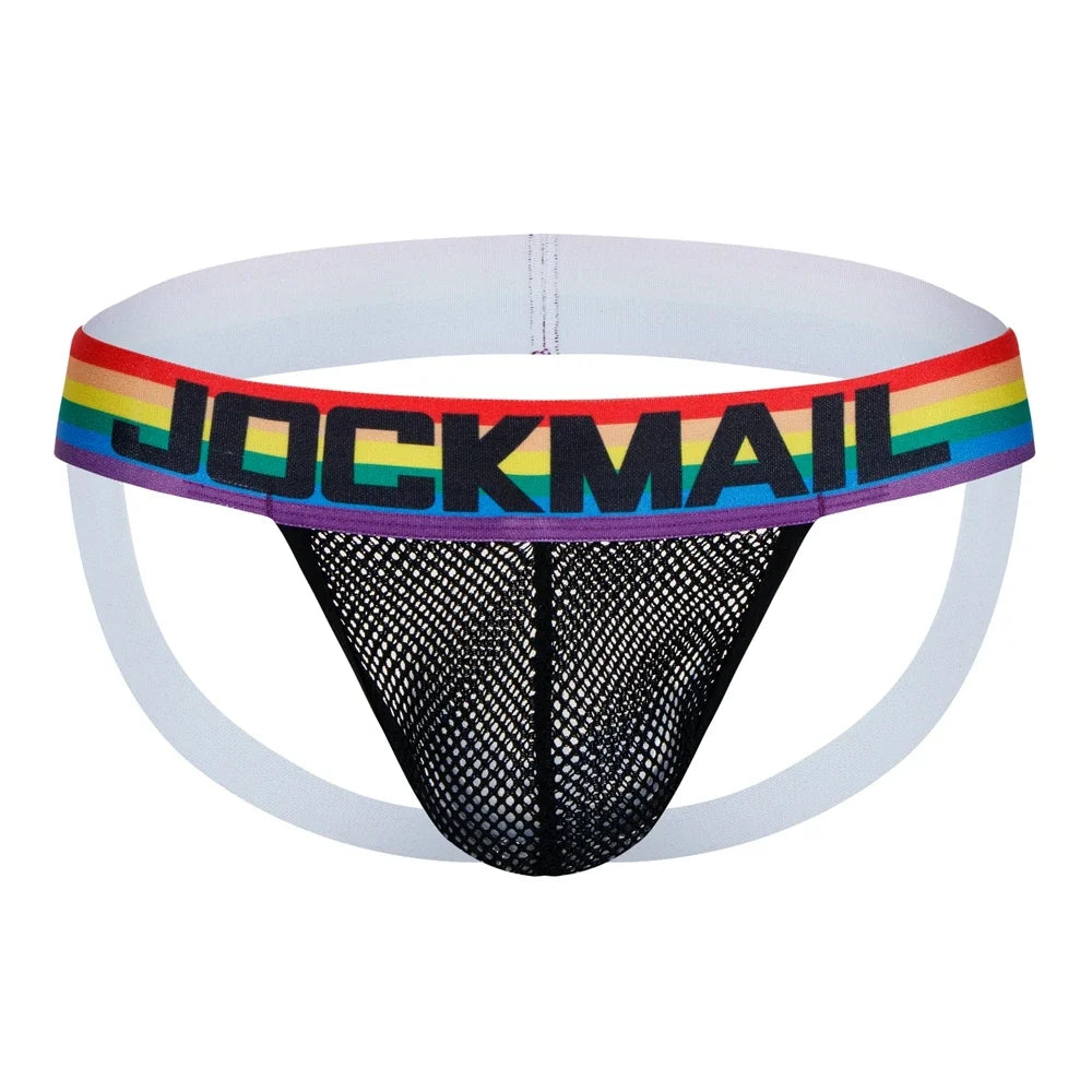 2pcs/Lot Men Underwear Jockstrap Thong Nylon Mesh Rainbow Sexy Sissy Panties Tangas De Homrbre Cueca Gay Underwear Breathable