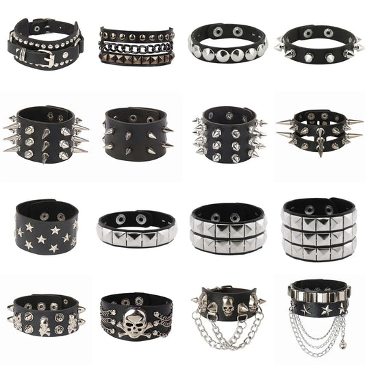 Punk Bracelets PU Leather Studded Bracelet Adjustable Goth Cuff Bracelet Gothic Rivet Buckle Wristband for Men Women Emo Jewelry