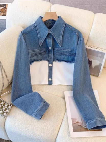 Blue Patchwork Pants Sets Women Fashion Long Sleeve Single-Breasted