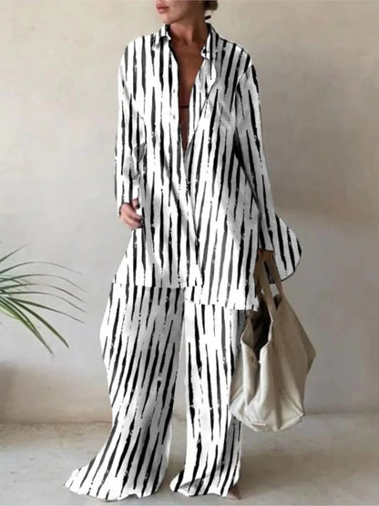 Spring Autumn Fashion Sets Women Long Sleeve Lapel Printed Casual Elegant Beach Loose Wide Legs Trousers Ladies Two Piece Suits
