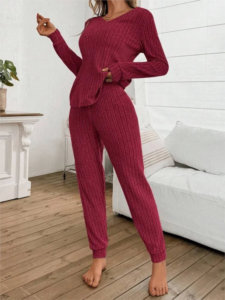 Casual V-Neck Knitted Pit Strip T-Shirt Long-Sleeved Womes Suit Autumn