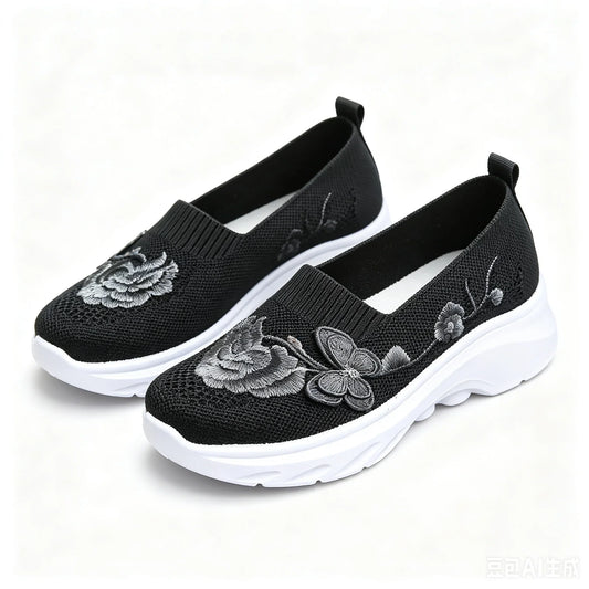 2026 Summer Women Breathable Knit Floral Embroidery Platform Loafers Slip On Walking Shoes Lightweight Soft Cushion Insole Anti Slip Wedge Sole Comfort Casual Daily Outdoor Travel Nurse Footwear Black Khaki Green Multiple Siz