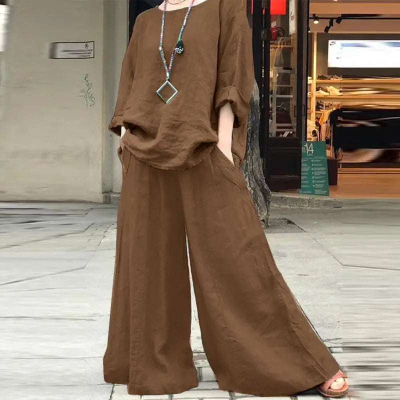 Casual Cotton Linen Set Women's O Neck Long Sleeve Blouses Wide Leg