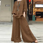 Casual Cotton Linen Set Women's O Neck Long Sleeve Blouses Wide Leg