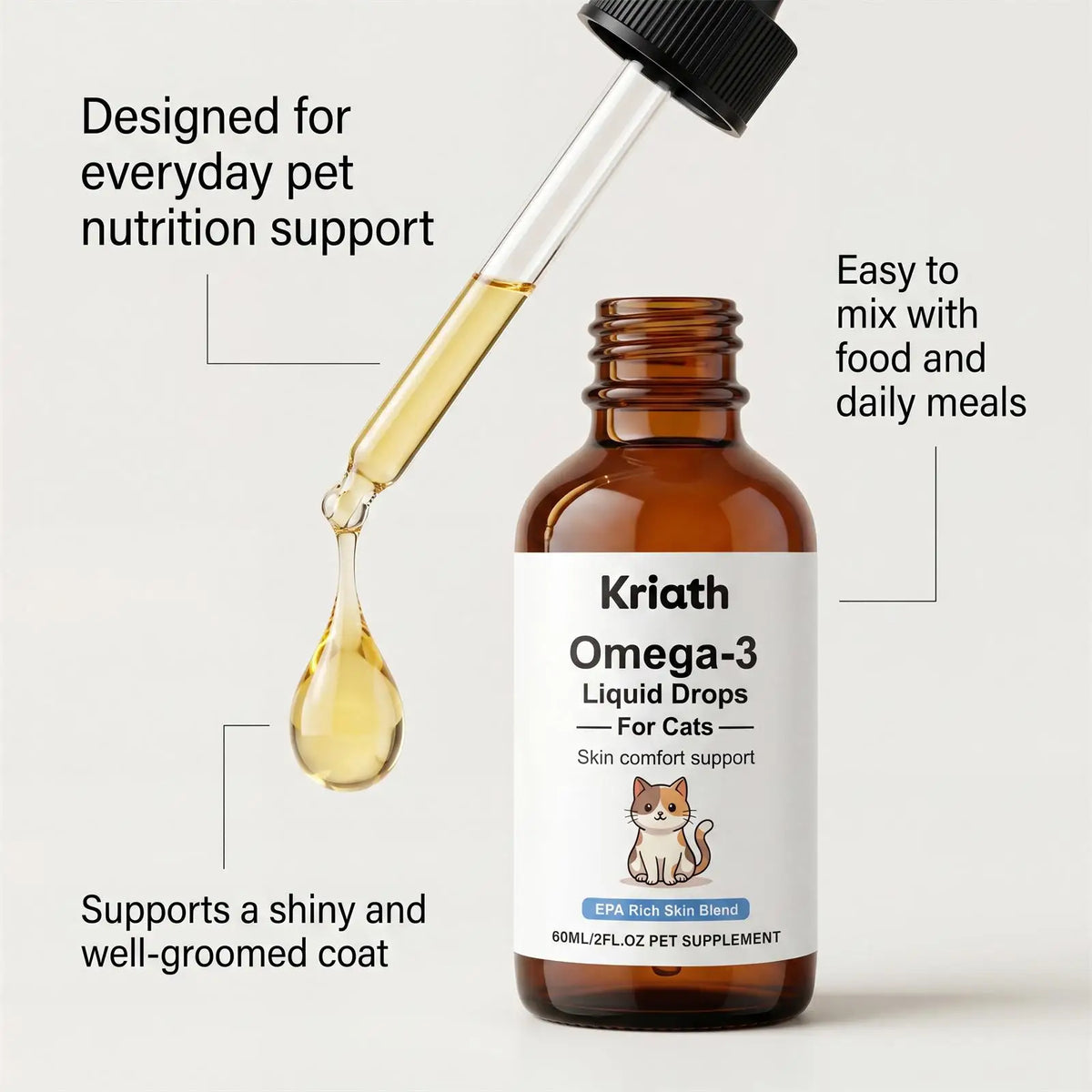Kriath Omega-3 Liquid Drops for Cats, EPA & DHA Supplement, Nourish Skin & Coat, Reduce Shedding, Support Skin Barrier Health