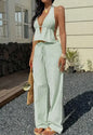 Two Piece Set Women Outfit 2026 Spring Summer New Striped Halter Deep V-Neck Backless Lace Up Vest & Casual Long Pants Set