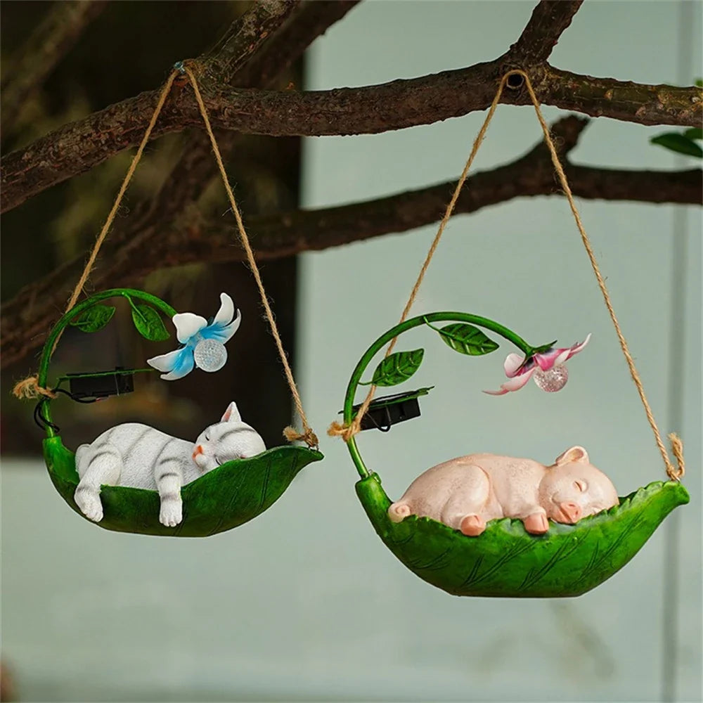 New Swinging Resin Cat Craft Garden Solar Animal Squirrel Statue Ornament Light Tree Hanging Garden Resin Decoration