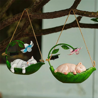 New Swinging Resin Cat Craft Garden Solar Animal Squirrel Statue Ornament Light Tree Hanging Garden Resin Decoration