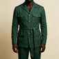 Mens Off White Linen Safari Suits 2 Piece Notched Lapel Prom Suit with Belt Gold Buttons Multi Pockets Beach Summer Wedding