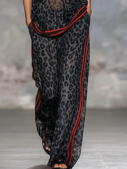 Summer Casual Outfits Female Leopard Print Stripe Contrast Color Two Piece Set for Women Short Sleeve Top & Wide Leg Pants