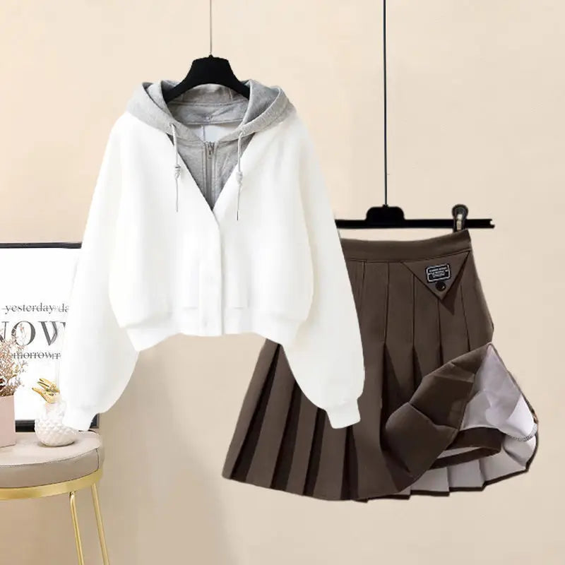 Hooded Zipper Top & Pleated Skirt Set Streetwear