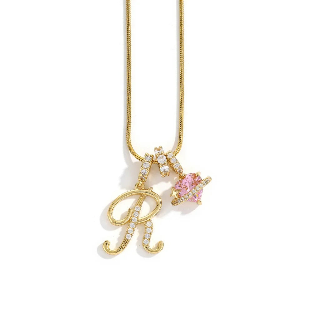 Gold Color Zircon Flower Pendant Necklace Female A-Z 26 Letter Alphabet Wedding Jewelry Gift for Women
