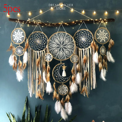 5-piece large Dream Catcher, handcrafted Moon Dream Chaser, Bohemian wall decoration Moon and Sun Sweet Dream Bedside decoration