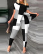 Women's Printed Two-piece Set With Slit  Irregular Sloped Collar Top T-shirt  Printed Trousers Two-piece Set  Fashionable