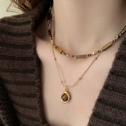Retro Temperament Layered Tiger Eye Stone Pendant Necklace For Women Stainless Steel Double-Layer Collarbone Chain Sets Jewelry