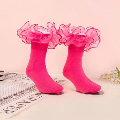 1 Pair Girls' Puffy Lace Socks Children's Combed Cotton Lace Socks