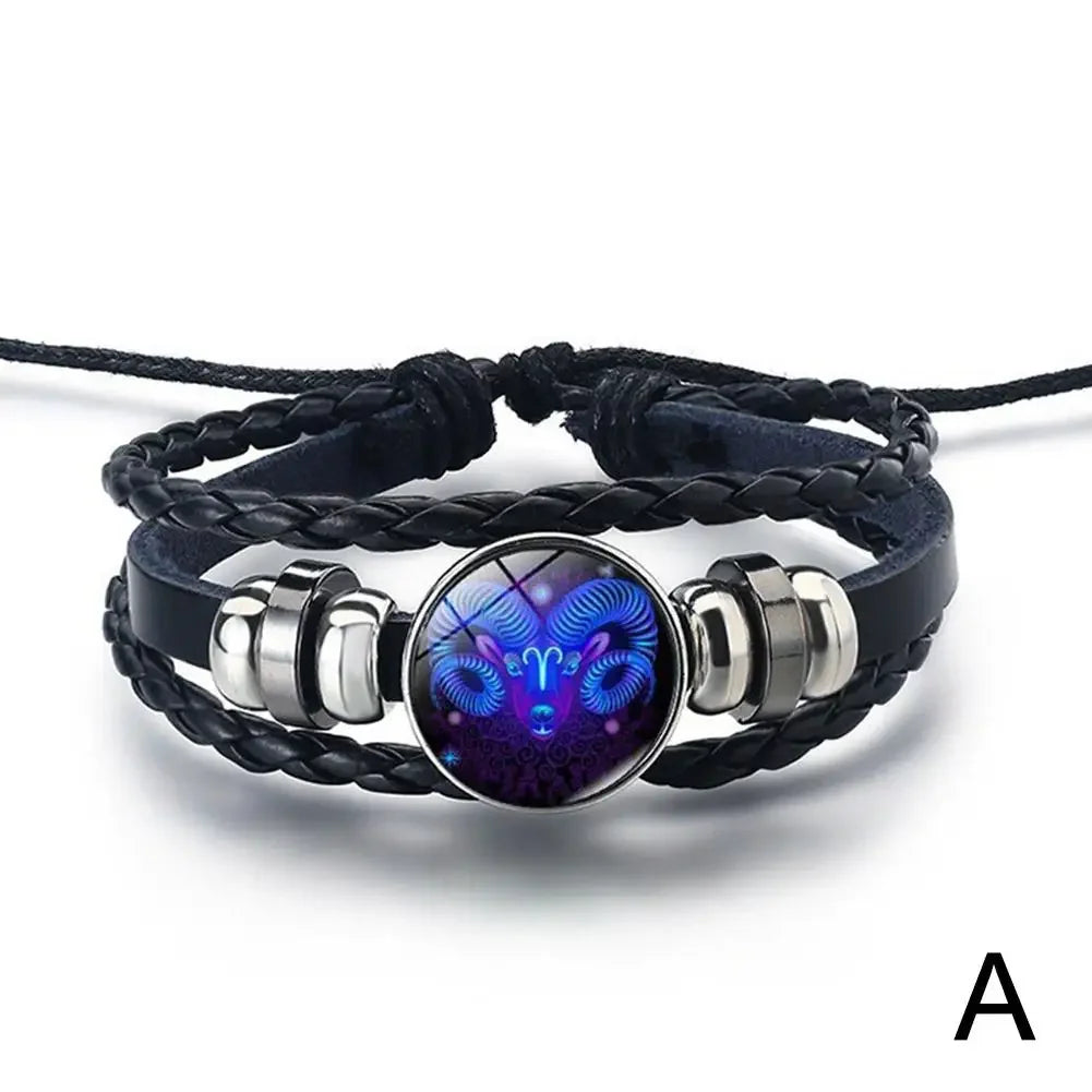 12 Constellation Gem Leather Bracelet Men Women Glass Bracelet