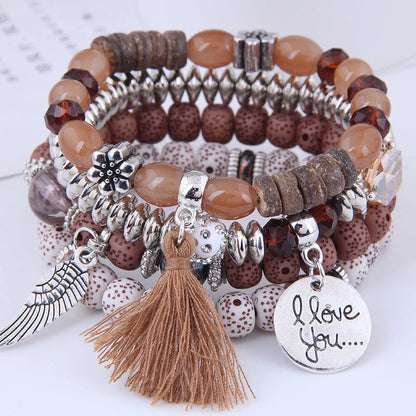 Bohemian Beads Charm Bracelets & Bangles for Women Fashion Love Feather Tassel Bracelet Multilayer Bracelet Femme 2024New