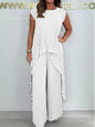 Summer Solid Casual Holiday Two Piece Sets Elegant Women Pleated Irregular O Neck Sleeveless Top + Wide-leg Pants Loose Outfits