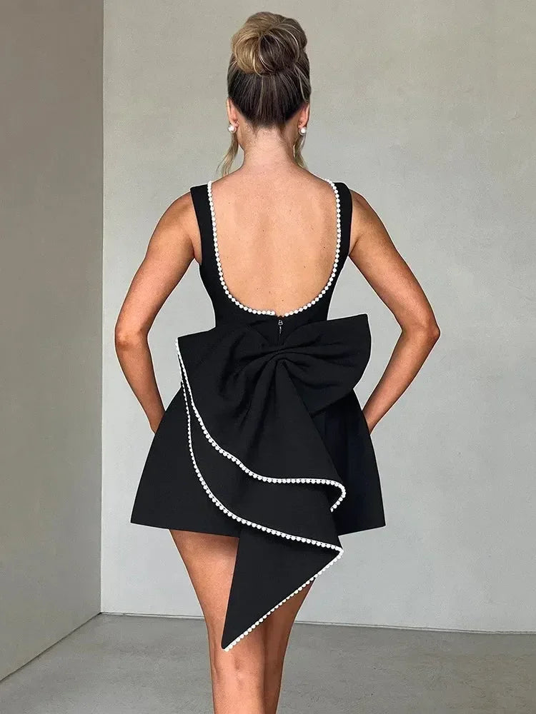 Mozision Pearl Bow Backless Sexy Mini Dress For Women Robe Fashion Zipper Sleeveless High Waist A-line Club Party Dress Elegant