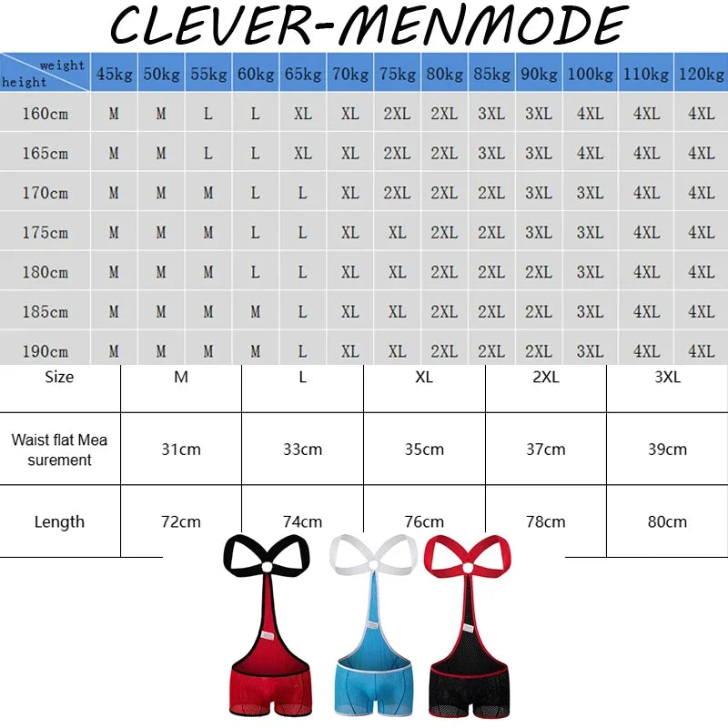 CLEVER-MENMODE Men's Sexy Openwork Mesh Boxer Shorts Jumpsuit Elastic Strap Body Tights Lingerie Sissy Bondage Costume Adult 18+