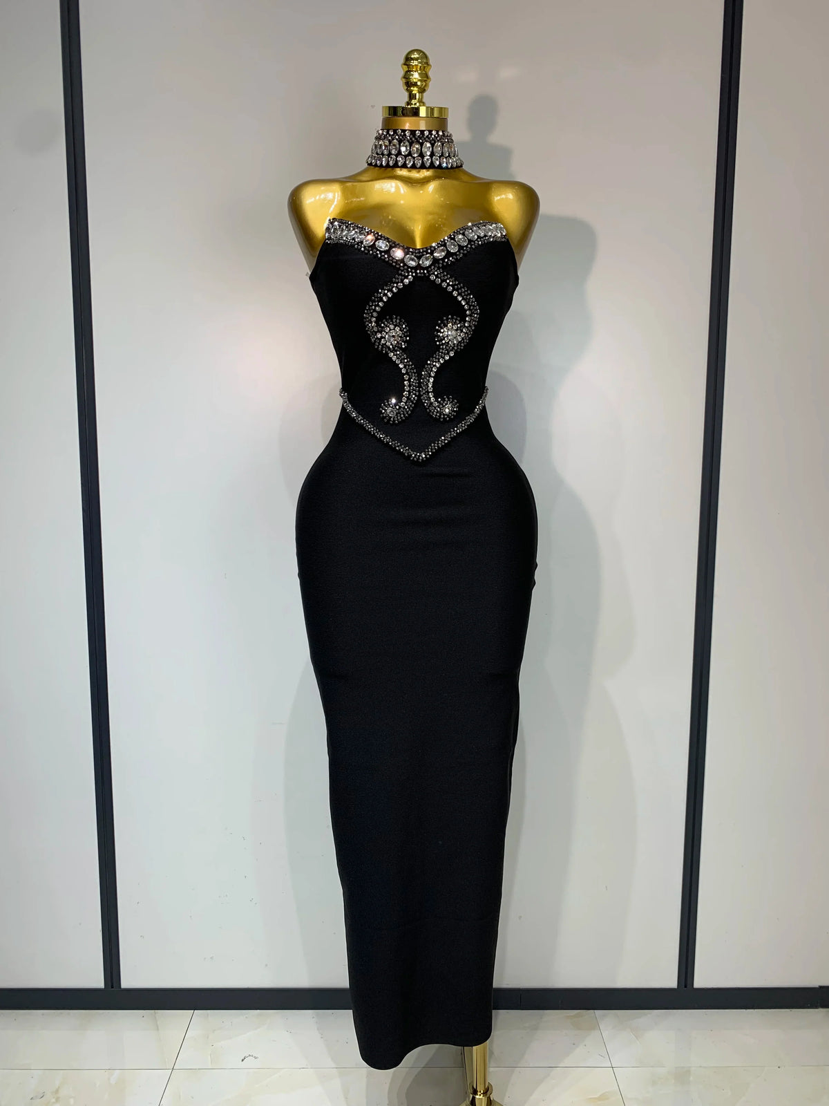High Quality Strapless Beading With Necklace Bandage Dress  Celebrity Elegant  Evening Party Fancy Club Birthday Dresses