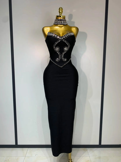 High Quality Strapless Beading With Necklace Bandage Dress  Celebrity Elegant  Evening Party Fancy Club Birthday Dresses