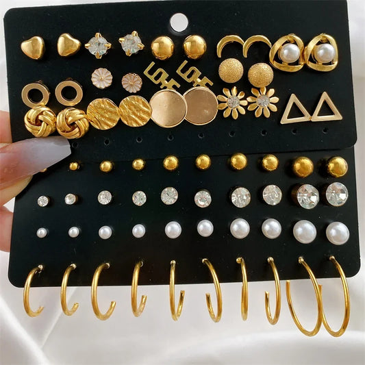 Vintage Gold Color Stud Earrings Set Butterfly Heart Flower Yinyang Diamond Pearl Ear Studs For Women Simple Jewelry 2024 Trendy