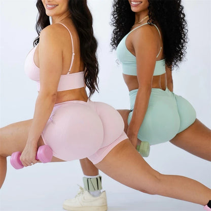 Bum 2PCS Seamless Yoga Set Women Blossom Bra + V-Back Shorts Gym