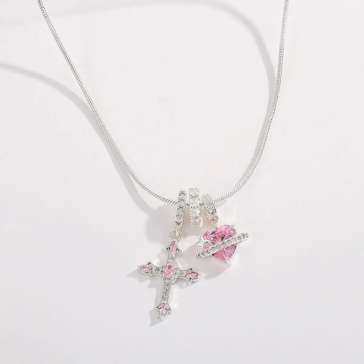 Heart Cross Pendant Necklace for Women Stainless Steel Necklace 14K Gold Plated Snake Chain Necklace with Pink Zircon Heart & Cross Charms, Hypoallergenic Dainty Layering Pendant Necklace Jewelry Gift for Women Girls Valentin