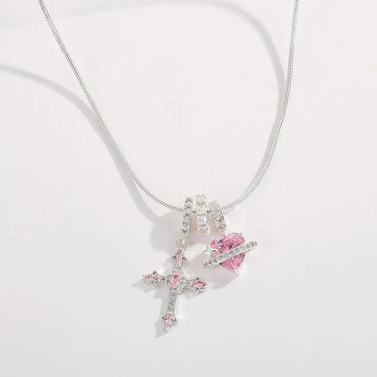 Heart Cross Pendant Necklace for Women Stainless Steel Necklace 14K Gold Plated Snake Chain Necklace with Pink Zircon Heart & Cross Charms, Hypoallergenic Dainty Layering Pendant Necklace Jewelry Gift for Women Girls Valentin