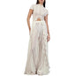 Solid Lace Two Piece Set Round Neck Short Sleeve Cutout Crop Top High Waist Wide Leg Pants 2026 Summer Elegant Party Outfits